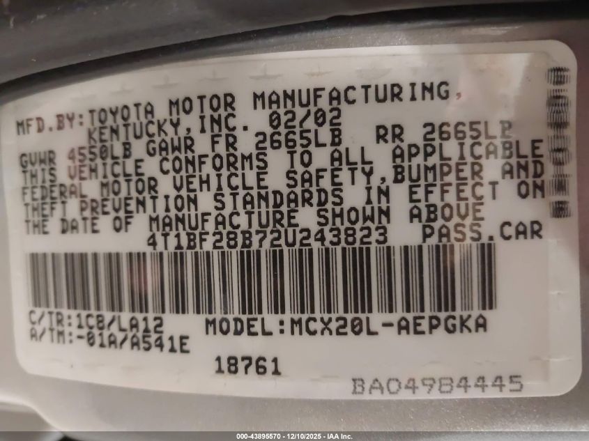 2002 Toyota Avalon Xls VIN: 4T1BF28B72U243823 Lot: 43895570