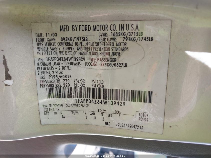 2004 Ford Focus Se VIN: 1FAFP34Z84W139429 Lot: 43895571