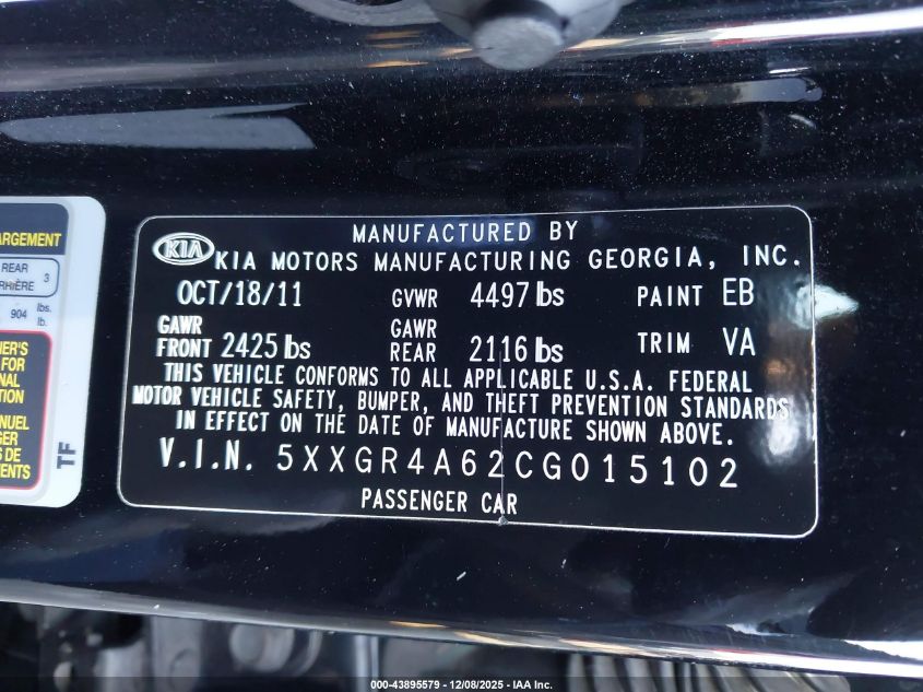 2012 Kia Optima Sx VIN: 5XXGR4A62CG015102 Lot: 43895579
