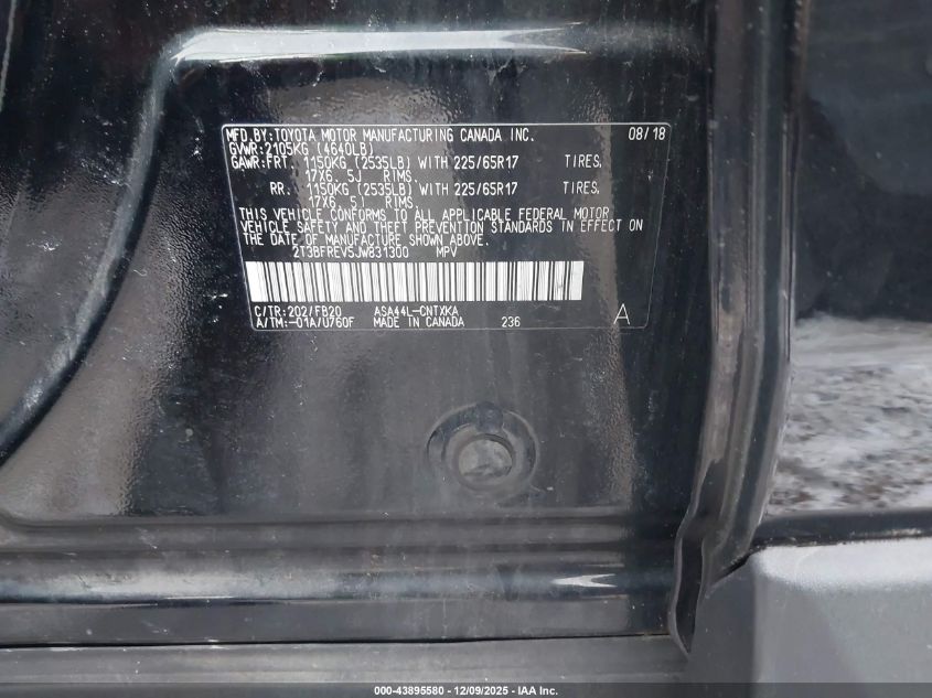 2018 Toyota Rav4 Le VIN: 2T3BFREV5JW831300 Lot: 43895580