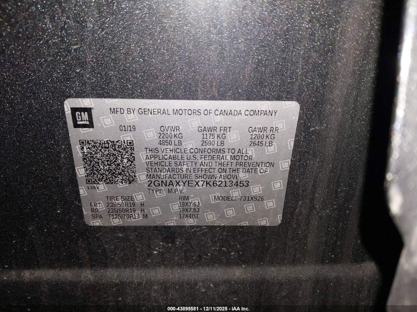 2019 Chevrolet Equinox Premier VIN: 2GNAXYEX7K6213453 Lot: 43895581