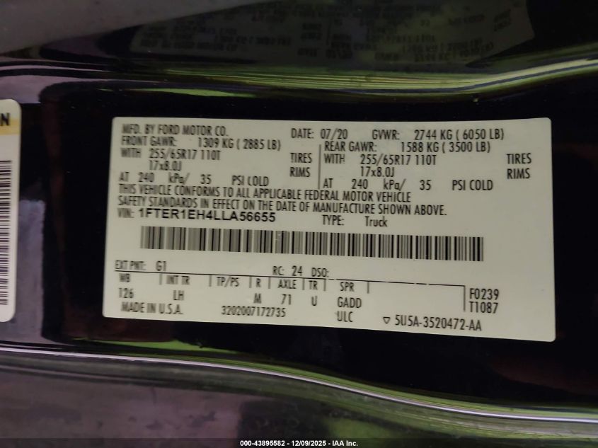 2020 Ford Ranger Xlt VIN: 1FTER1EH4LLA56655 Lot: 43895582