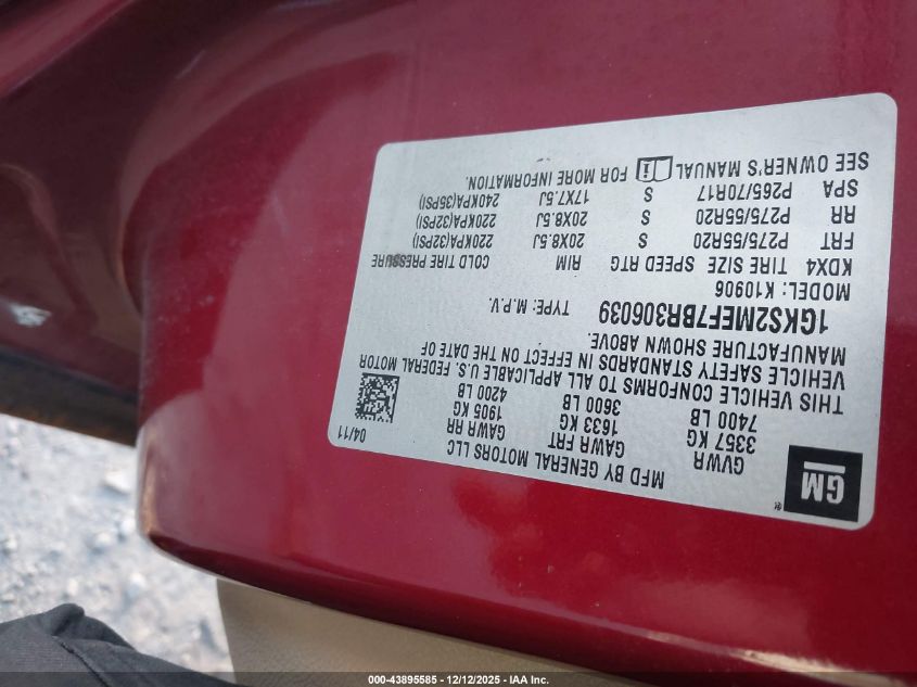 2011 GMC Yukon Xl 1500 Denali VIN: 1GKS2MEF7BR306039 Lot: 43895585