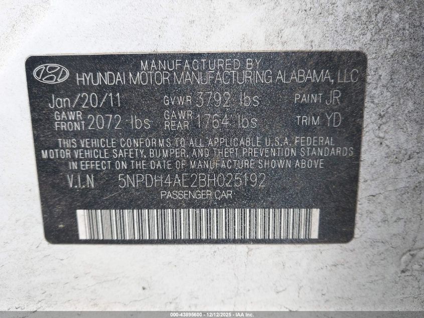 2011 Hyundai Elantra Gls VIN: 5NPDH4AE2BH025192 Lot: 43895600