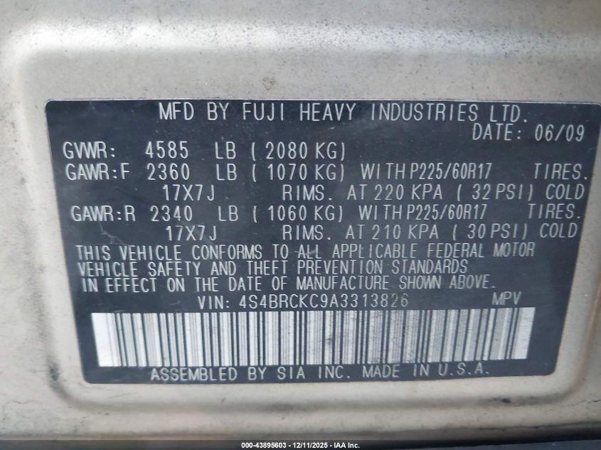 2010 Subaru Outback 2.5I Limited VIN: 4S4BRCKC9A3313826 Lot: 43895603