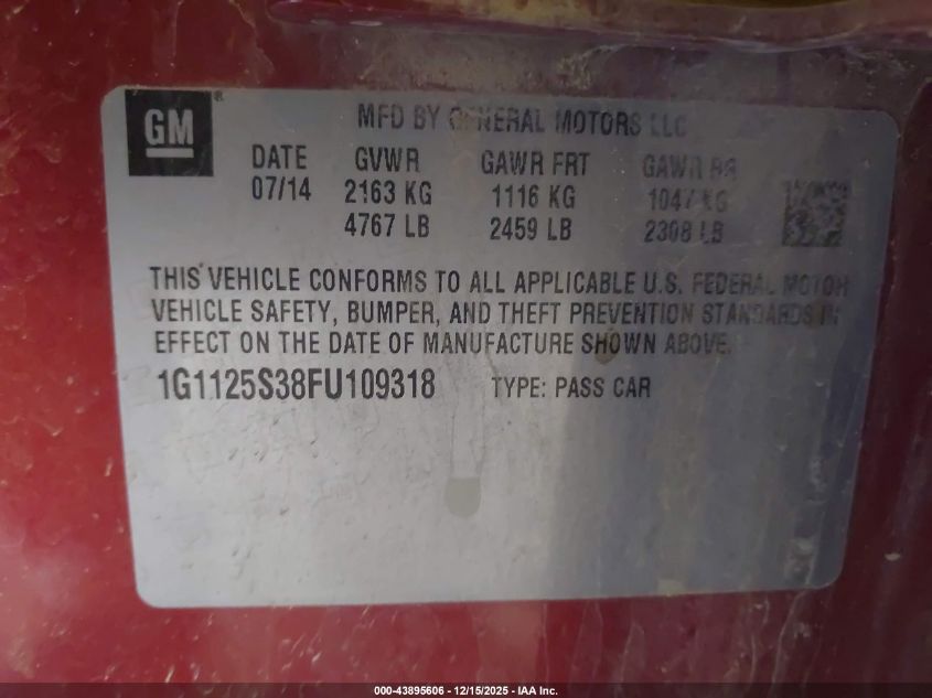 2015 Chevrolet Impala 2Lt VIN: 1G1125S38FU109318 Lot: 43895606