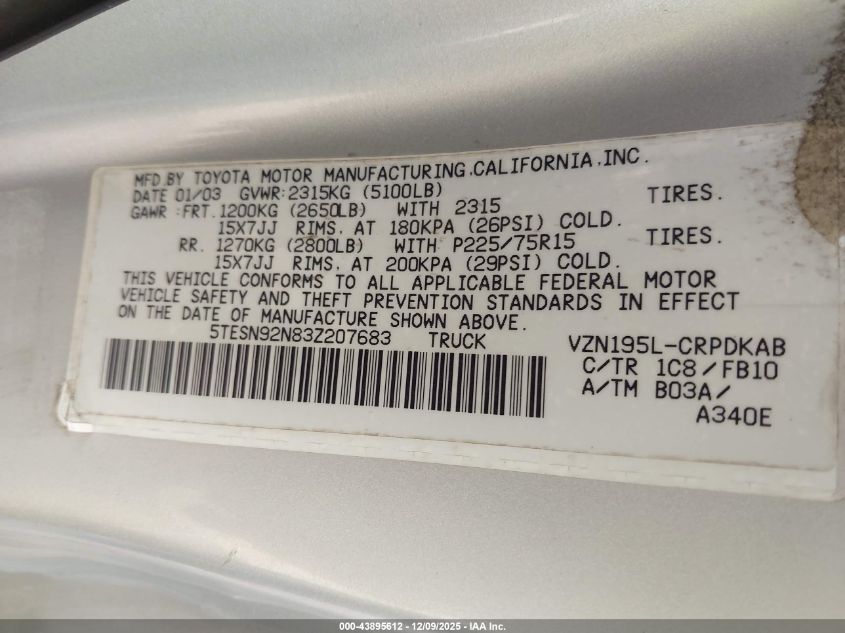 2003 Toyota Tacoma Prerunner V6 VIN: 5TESN92N83Z207683 Lot: 43895612