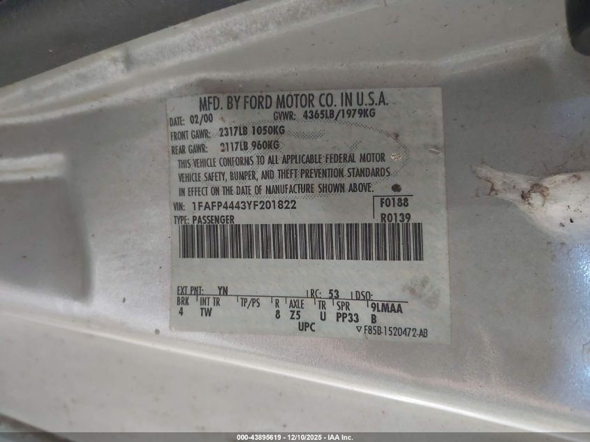 2000 Ford Mustang VIN: 1FAFP4443YF201822 Lot: 43895619