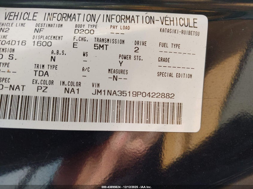 1993 Mazda Mx-5 Miata VIN: JM1NA3519P0422882 Lot: 43895624