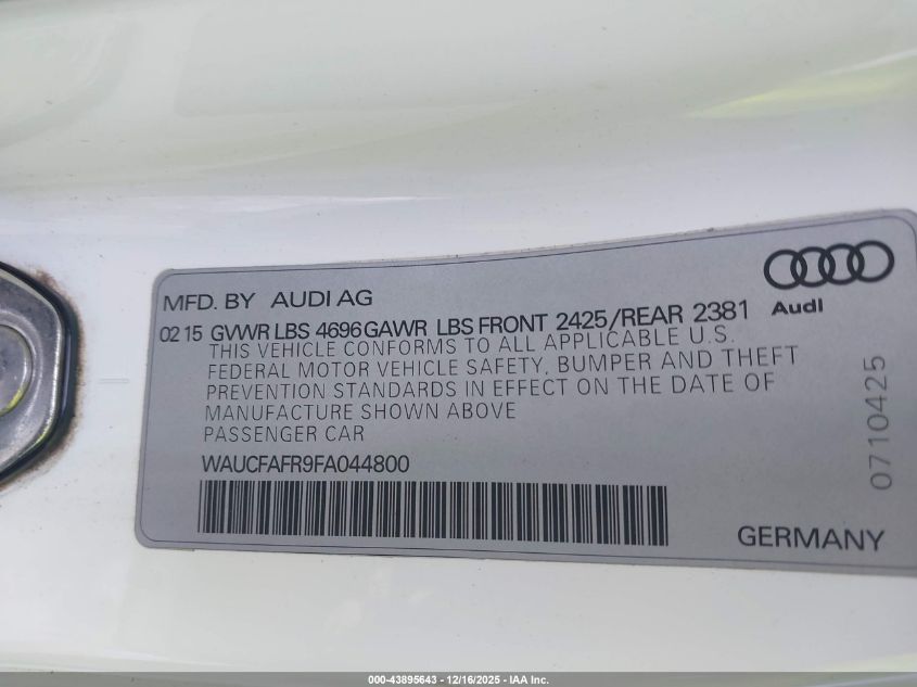 2015 Audi A5 2.0T Premium VIN: WAUCFAFR9FA044800 Lot: 43895643
