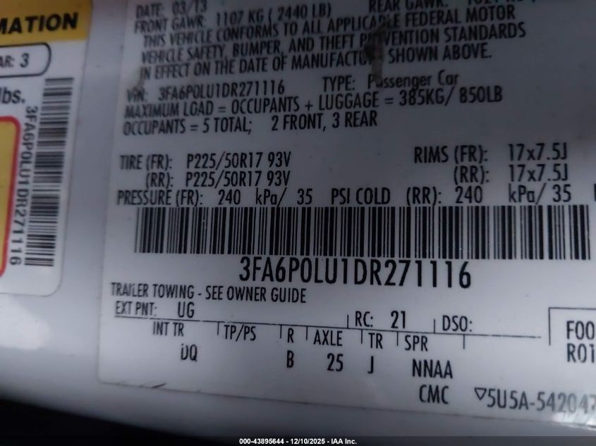 2013 Ford Fusion Hybrid Se VIN: 3FA6P0LU1DR271116 Lot: 43895644