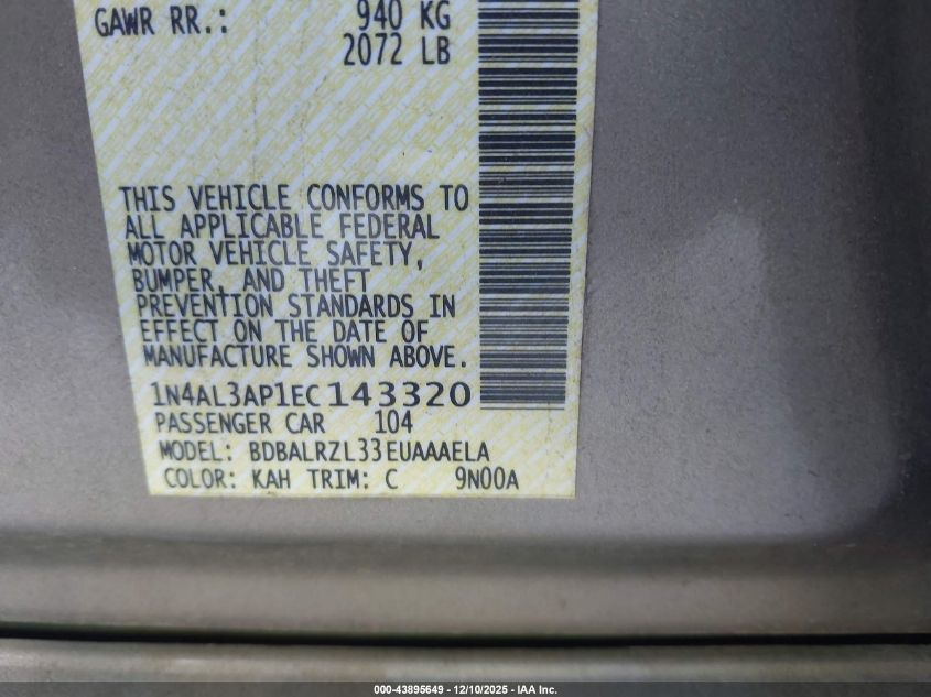 2014 Nissan Altima 2.5 S VIN: 1N4AL3AP1EC143320 Lot: 43895649