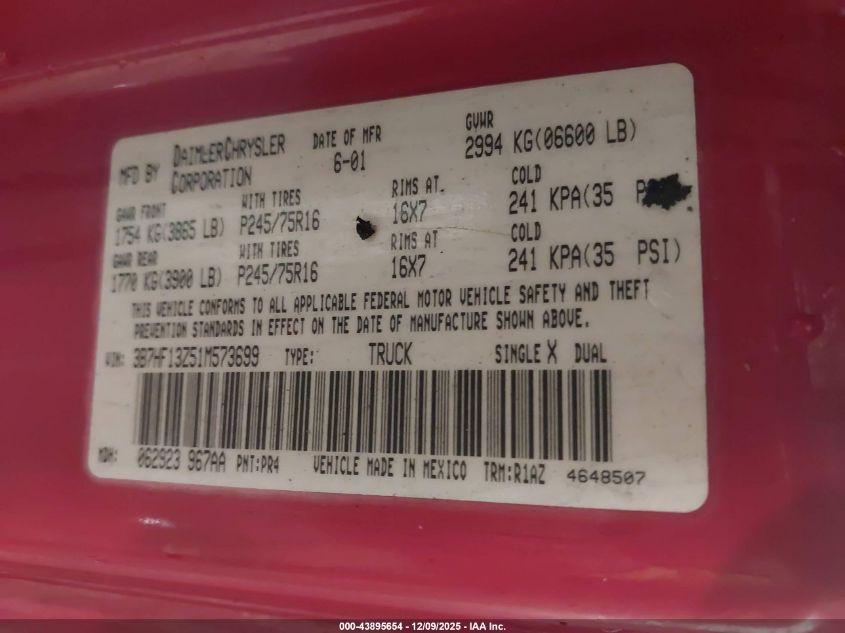 2001 Dodge Ram 1500 St VIN: 3B7HF13Z51M573699 Lot: 43895654