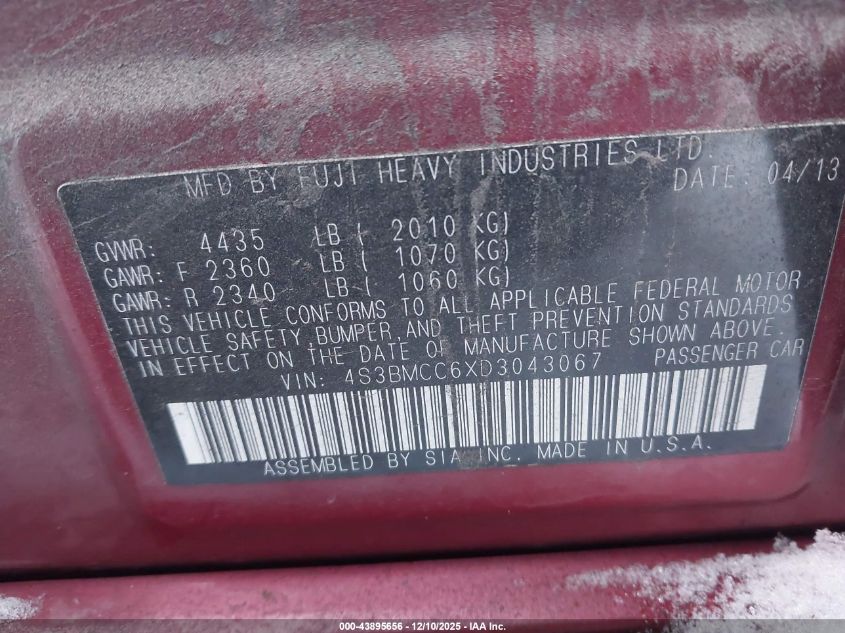 2013 Subaru Legacy 2.5I Premium VIN: 4S3BMCC6XD3043067 Lot: 43895656