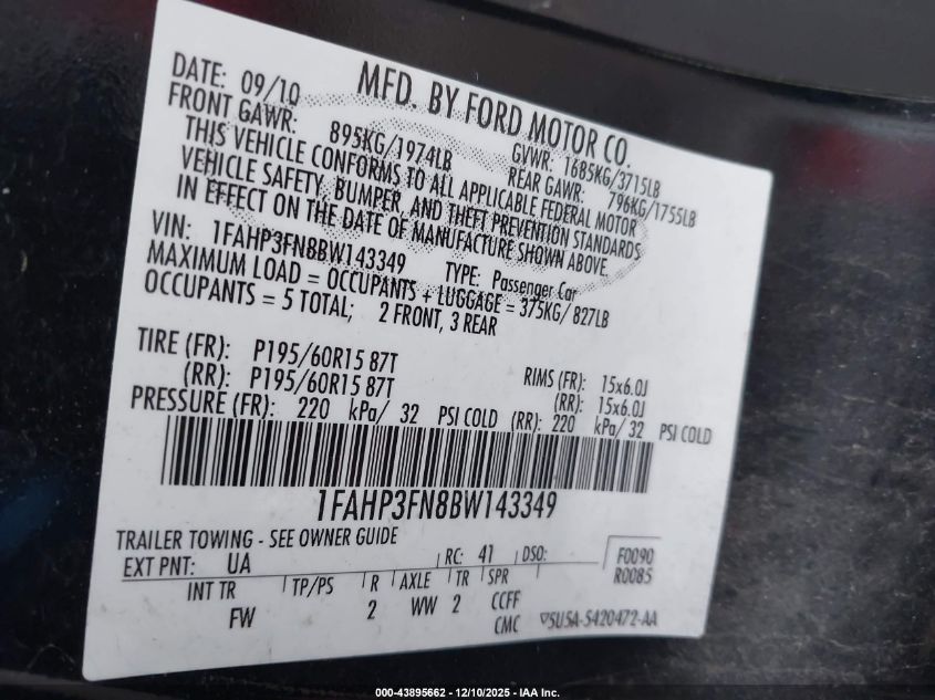 2011 Ford Focus Se VIN: 1FAHP3FN8BW143349 Lot: 43895662