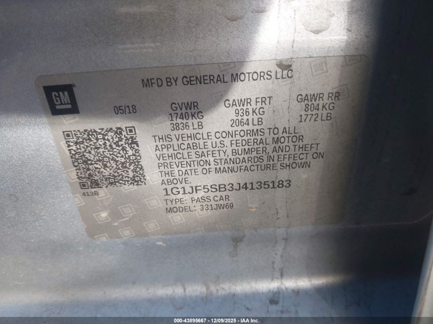 2018 Chevrolet Sonic Premier Auto VIN: 1G1JF5SB3J4135183 Lot: 43895667