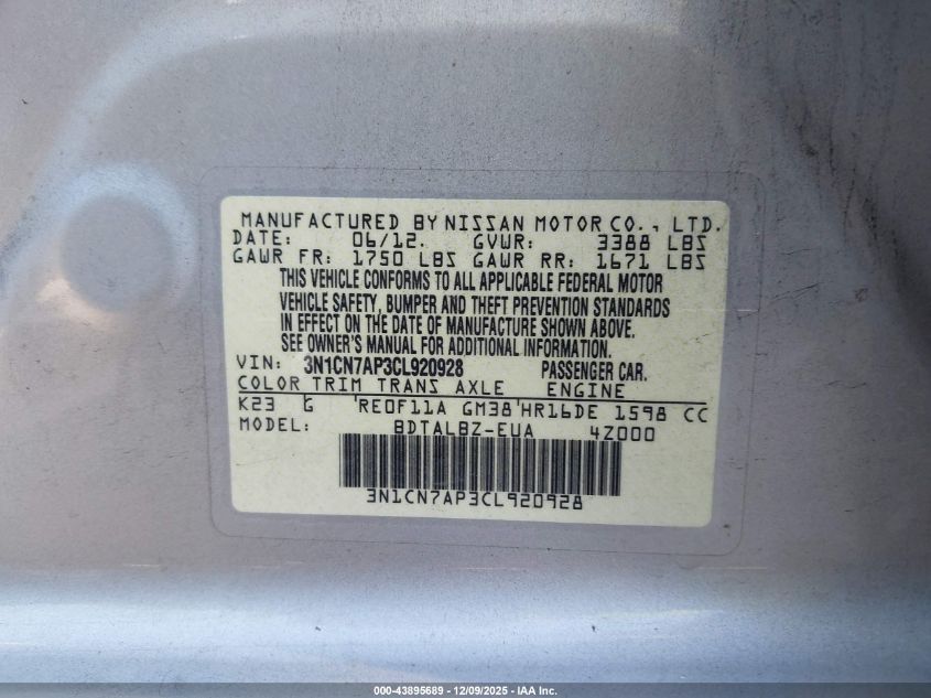 2012 Nissan Versa 1.6 Sv VIN: 3N1CN7AP3CL920928 Lot: 43895689