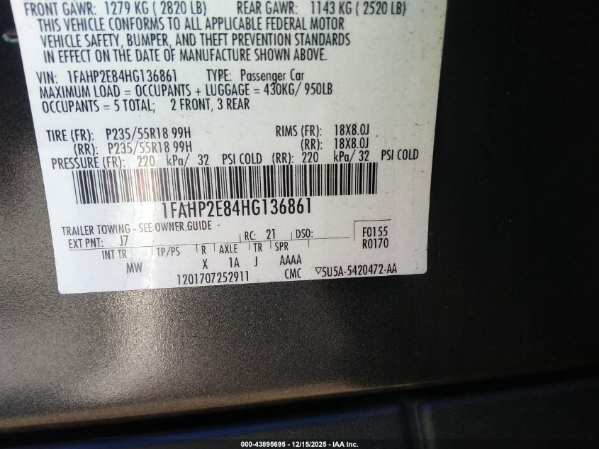 2017 Ford Taurus Sel VIN: 1FAHP2E84HG136861 Lot: 43895695