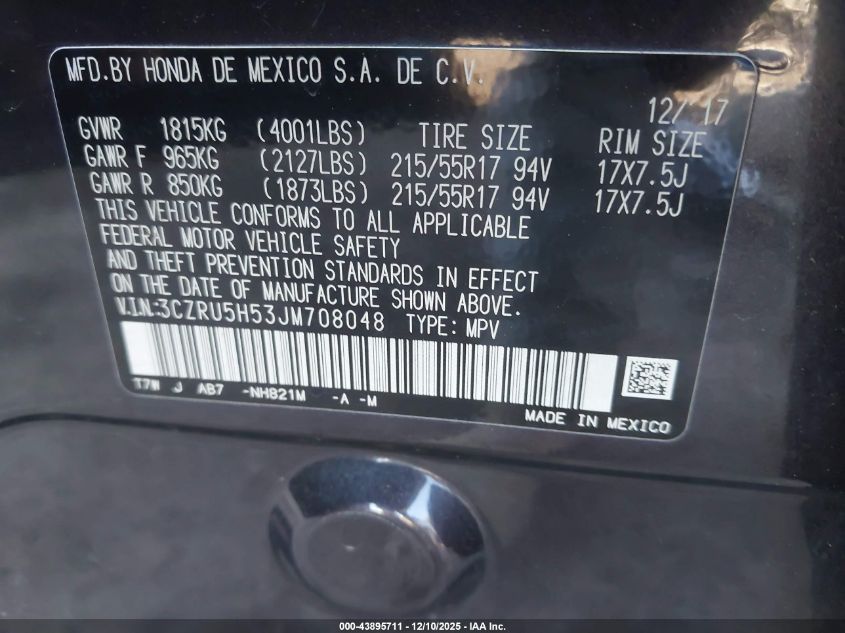 2018 Honda Hr-V Ex VIN: 3CZRU5H53JM708048 Lot: 43895711