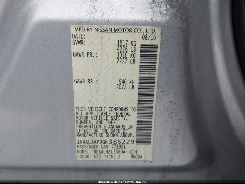 2016 Nissan Altima 2.5 Sr VIN: 1N4AL3AP9GN385229 Lot: 43895720