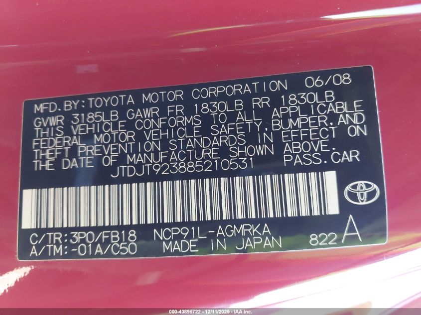 2008 Toyota Yaris VIN: JTDJT923885210531 Lot: 43895722