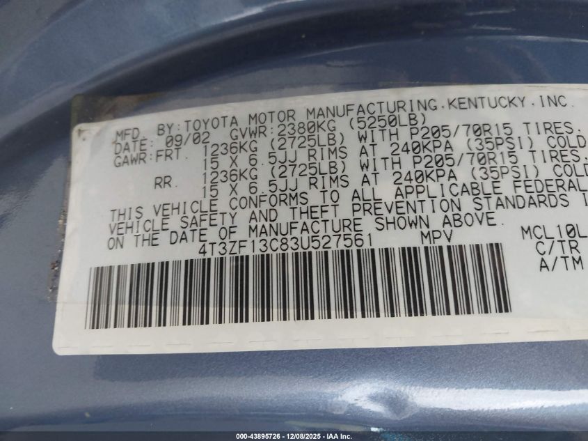 2003 Toyota Sienna Le VIN: 4T3ZF13C83U527561 Lot: 43895726