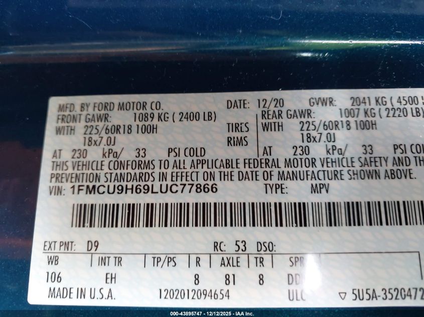 2020 Ford Escape Sel VIN: 1FMCU9H69LUC77866 Lot: 43895747