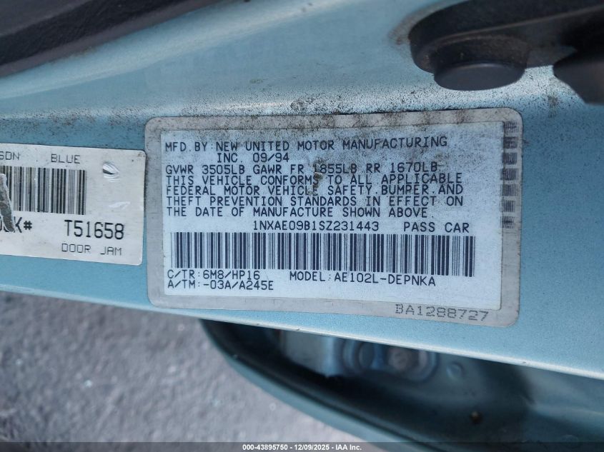 1995 Toyota Corolla Le/Dx VIN: 1NXAE09B1SZ231443 Lot: 43895750