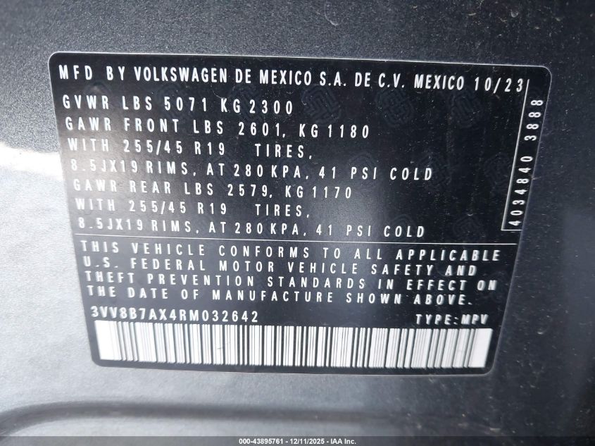 2024 Volkswagen Tiguan 2.0T Se R-Line Black VIN: 3VV8B7AX4RM032642 Lot: 43895761