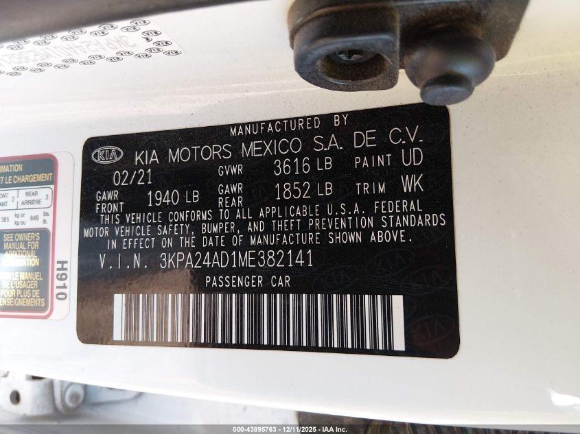 2021 Kia Rio Lx VIN: 3KPA24AD1ME382141 Lot: 43895763