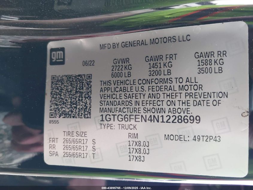 2022 GMC Canyon 4Wd Short Box At4 - Leather VIN: 1GTG6FEN4N1228699 Lot: 43895765