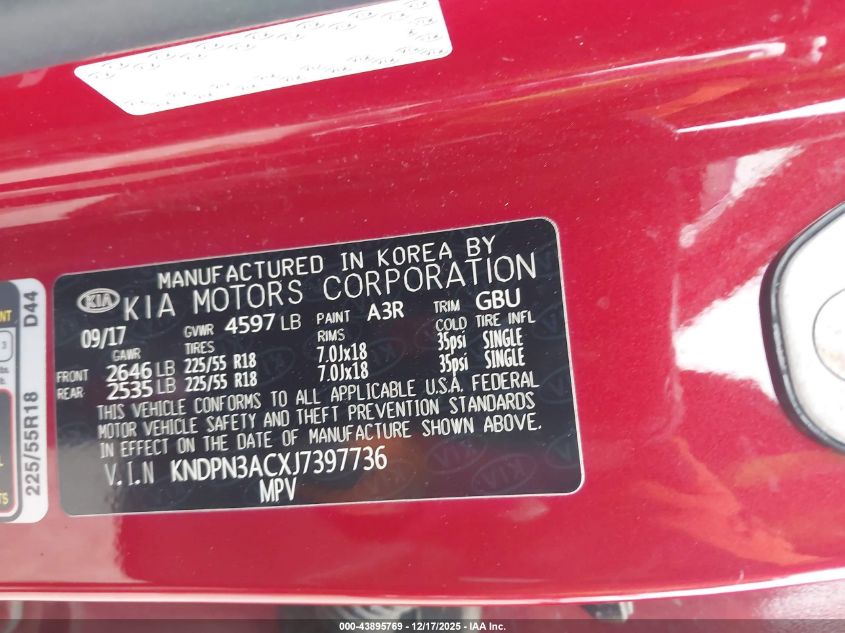 2018 Kia Sportage Ex VIN: KNDPN3ACXJ7397736 Lot: 43895769