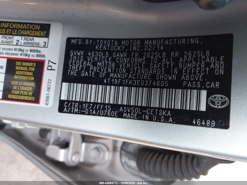 2014 Toyota Camry Se VIN: 4T1BF1FK3EU374605 Lot: 43895772