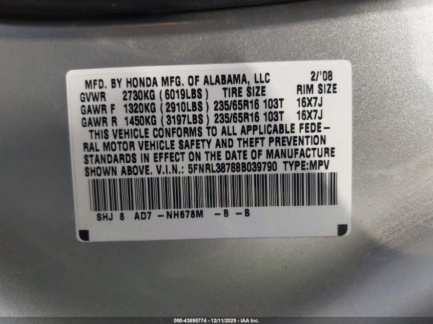 2008 Honda Odyssey Ex-L VIN: 5FNRL38788B039790 Lot: 43895774