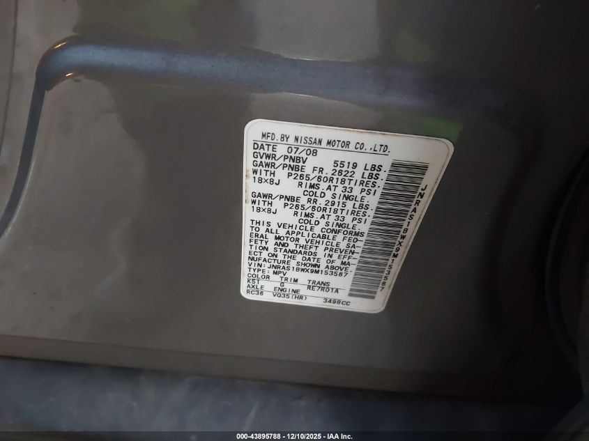 2009 Infiniti Fx35 VIN: JNRAS18WX9M153567 Lot: 43895788