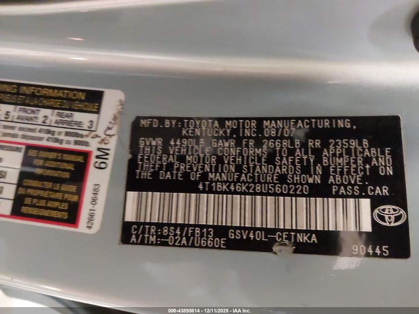 2008 Toyota Camry Le V6 VIN: 4T1BK46K28U560220 Lot: 43895814