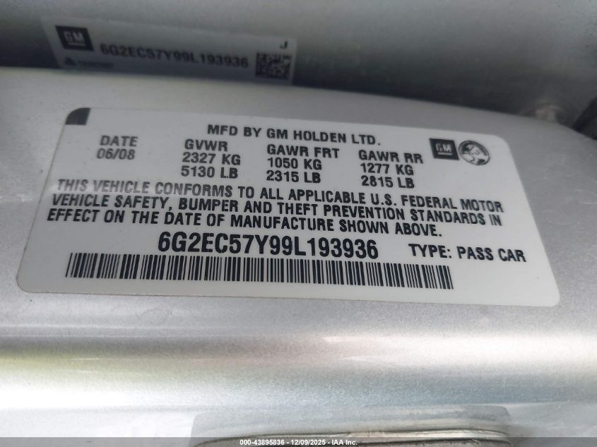 2009 Pontiac G8 Gt VIN: 6G2EC57Y99L193936 Lot: 43895836