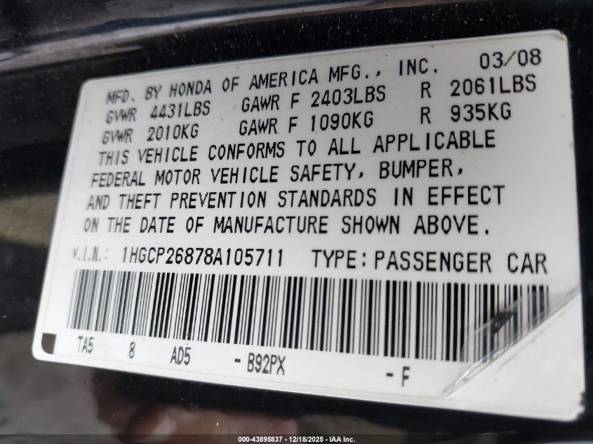 2008 Honda Accord 2.4 Ex-L VIN: 1HGCP26878A105711 Lot: 43895837