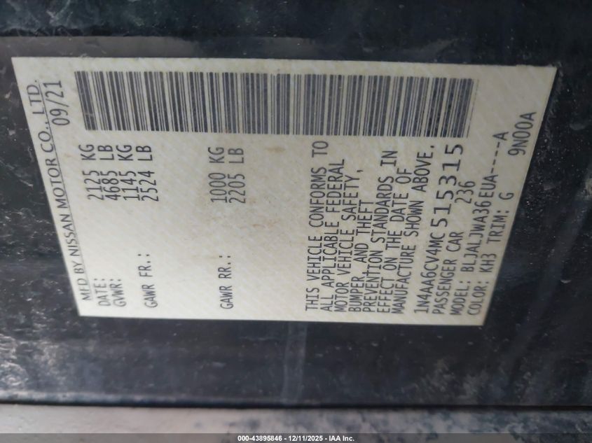 2021 Nissan Maxima Sv Xtronic Cvt VIN: 1N4AA6CV4MC515315 Lot: 43895846