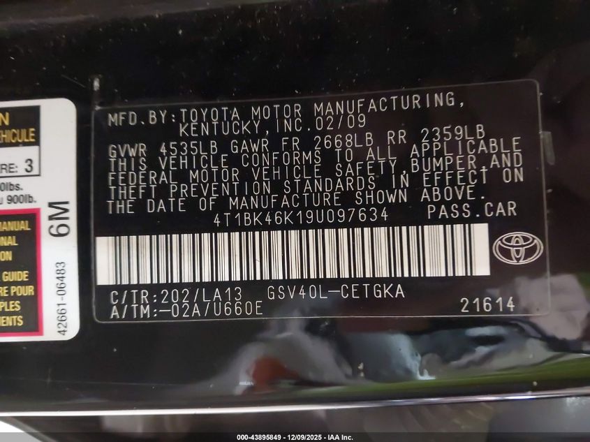 2009 Toyota Camry Xle V6 VIN: 4T1BK46K19U097634 Lot: 43895849