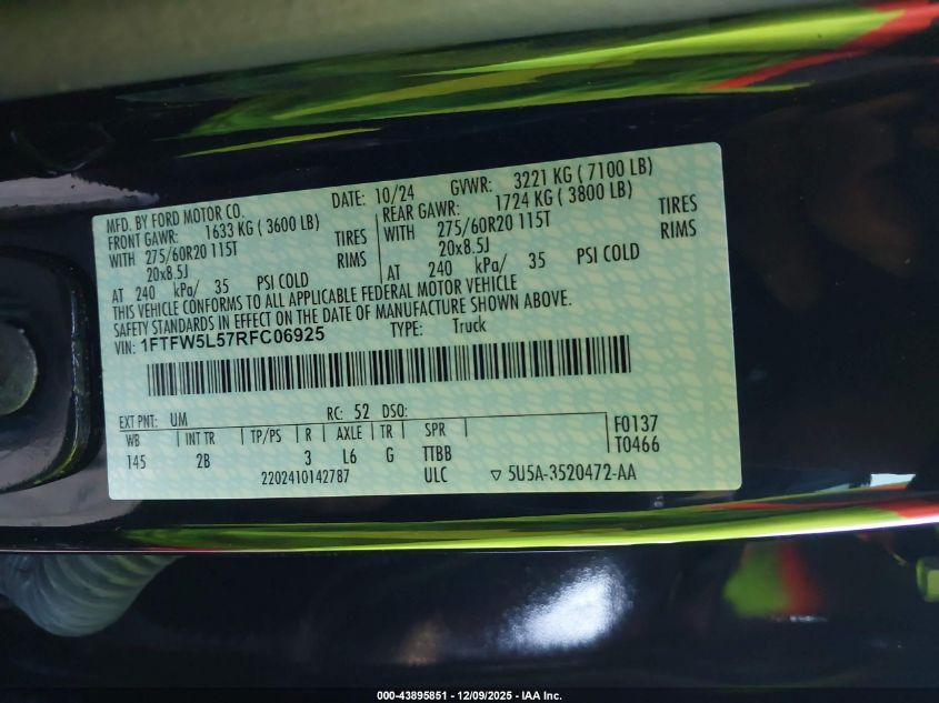 2024 Ford F-150 Lariat VIN: 1FTFW5L57RFC06925 Lot: 43895851