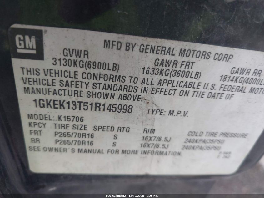 2001 GMC Yukon Slt VIN: 1GKEK13T51R145998 Lot: 43895852