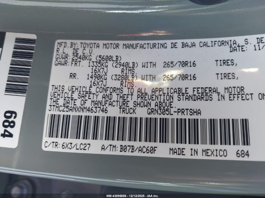 2022 Toyota Tacoma Trd Off Road VIN: 3TMCZ5ANXNM463746 Lot: 43895858