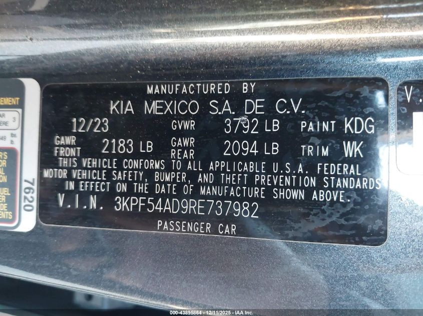 2024 Kia Forte Gt-Line VIN: 3KPF54AD9RE737982 Lot: 43895864