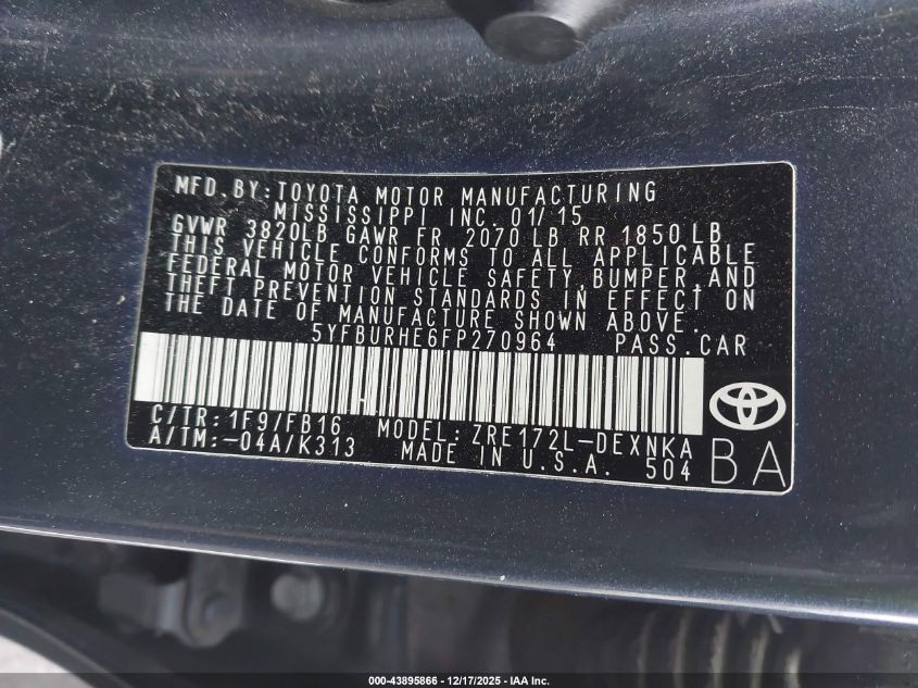 2015 Toyota Corolla Le VIN: 5YFBURHE6FP270964 Lot: 43895866