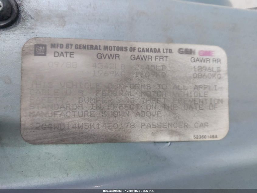 1989 Buick Regal Limited VIN: 2G4WD14W5K1420178 Lot: 43895869