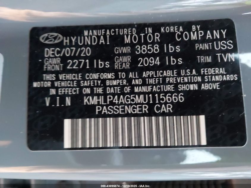2021 Hyundai Elantra Limited VIN: KMHLP4AG5MU115666 Lot: 43895874