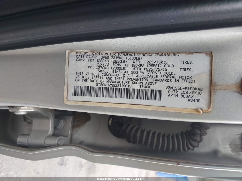 2002 Toyota Tacoma Prerunner V6 VIN: 5TEGN92N92Z116619 Lot: 43895877