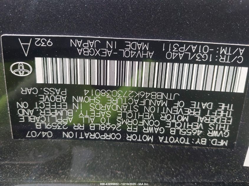 2007 Toyota Camry Hybrid VIN: JTNBB46K273038014 Lot: 43895882