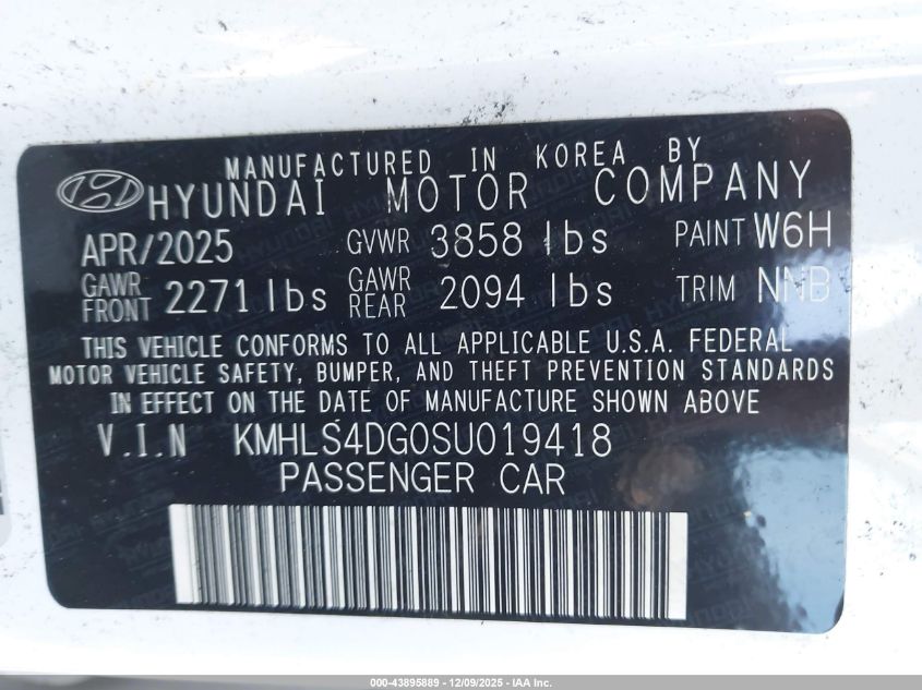 2025 Hyundai Elantra Sel Convenience VIN: KMHLS4DG0SU019418 Lot: 43895889